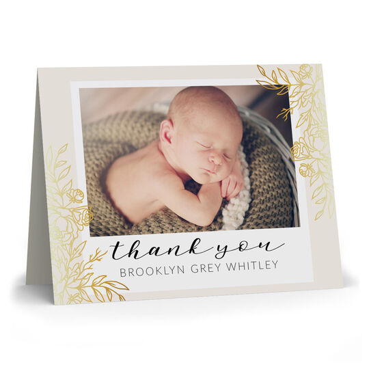 Faux Gold Floral Folded Thank You Photo Note Cards